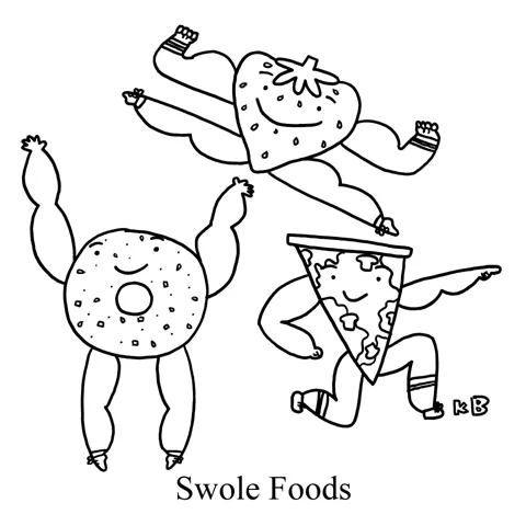 A very muscle forward group of foods (a bagel, a strawberry, and a pizza), demonstrating that while Whole Foods may be the grocery store with healthy options, nothing beats Swole Foods. 