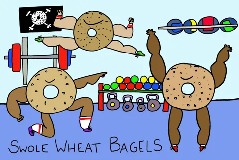 In this fitness pun on whole wheat bagels, some swole bagels celebrate their bulging muscles amongst gym equipment. 