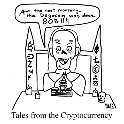 The Crypt Keeper from "Tales of the Crypt" sits on a throne bedazzled with the logos of various crypto companies (including Bitcoin, Litecoin, Dash, Bytecoin, Ethereum) and tells a very spooky tale - "And the next morning... the Dogecoin was down... 80%!"
