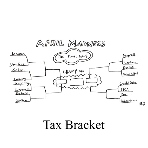 In this pun on tax bracket, we see a sports bracket (like a March madness basketball bracket) with different types of taxes (including income, estate, and property) pitted against each other. It is, of course, entitled April Madness. 