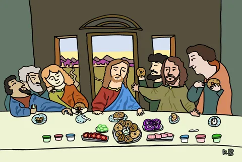 In this play on Leonardo Da Vinci's The Last Supper, Jesus and some of his disciples eat the last breakfast, which, despite it being Passover, appears to be bagels and schmear. 