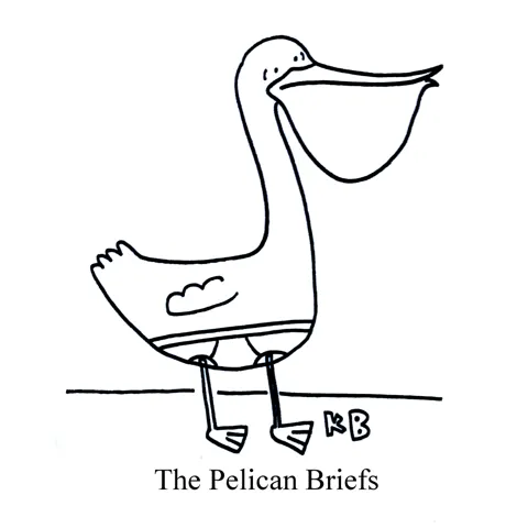 In this pun on the John Grisham book, The Pelican Brief, we see the pelican briefs - i.e. a pelican in briefs (aka tighty whitey underwear). I will admit that he looks distressed. 