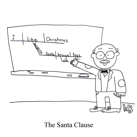 A professor points to a diagrammed sentence, which features a grammatical clause about Santa. 