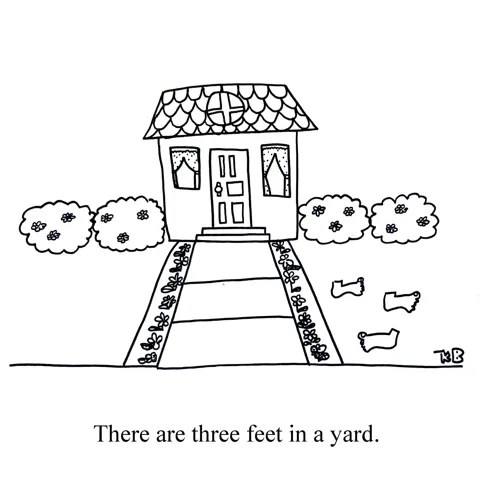 In this pun on the imperial system conversion rate of three feet to one yard, we see three disembodied feet sprawled out in someone's front yard. 
