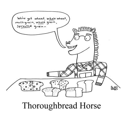 In this pun on thoroughbred horse, we see a thorough bread horse, which is a horse who has a very thorough knowledge and collection of breads. 