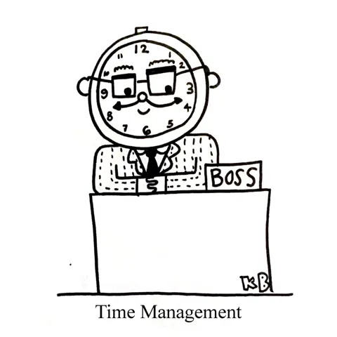 In this pun on time management, we see a manager at work who is, of course, a clock. 