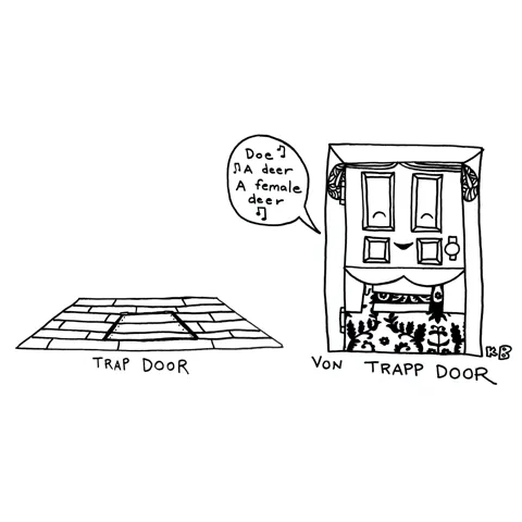 In this comparison cartoon, we see a trap door next to a Von Trapp door, which is a door wearing clothes made out of curtains singing "Doe a Deer" (from the movie The Sound of Music.) 