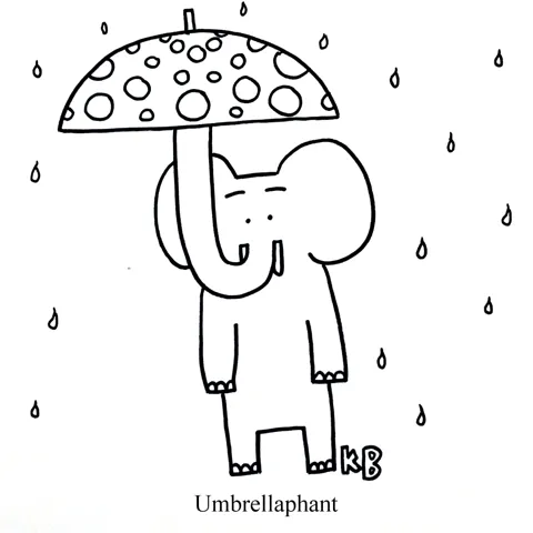 In this mashup of umbrella and elephant, we see an elephant standing with a raised trunk holding an umbrella. 