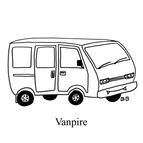 A minivan that has vampire teeth. 