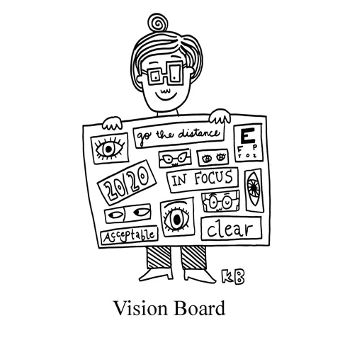 In this pun on vision board, a bespectacled person holds up a poster board with a collage of eyes and words manifesting a future where she has 20/20 eye vision and she no longer needs glasses or contacts.  