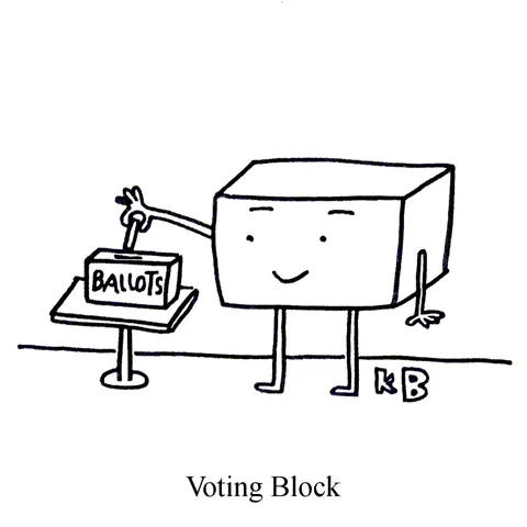 In this pun on voting bloc, we see a voting block, which is a block that is voting. 
