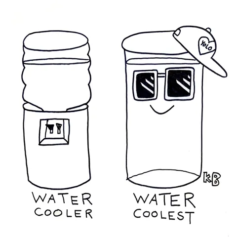 We see a water cooler next to a water coolest (which is just a very hip glass of water in sunglasses). 