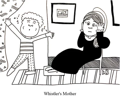 In this play on the famous painting Whistler's Mother, we see the mother, a crazed look in her eyes, as she is plagued by the persistent whistling of her child. 