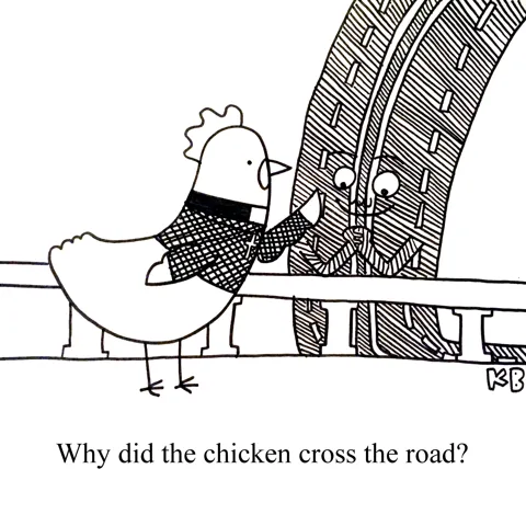 In this pun on the classic joke - why did the chicken cross the road, we see a chicken priest doing the sign of the cross on a kneeling section of road.
