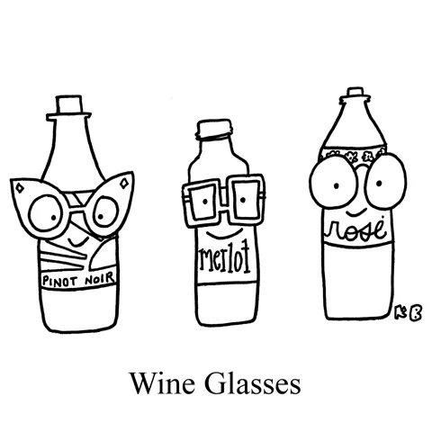 Three wine bottles (a pinot noir, a merlot, and a rose) all wear glasses. 