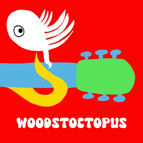 In this play on Woodstock, we see a poster for Woodstoctopus, with the iconic image from the original poster of a guitar with a bird on it, except instead of a hand on the frets its a tentacle, and instead of a bird on the guitar neck, it's an octopus.
