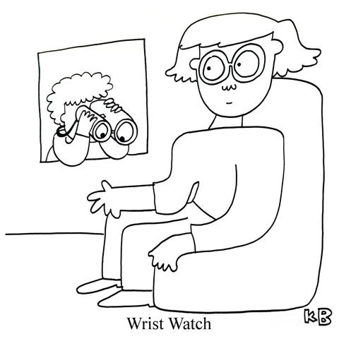 In this pun on wrist watch, we see person performing excellent surveillance through high-tech binoculars on another person's wrist. 