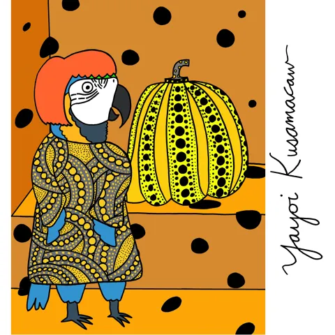 A pun of artist Yayoi Kusama, standing in front of one of her iconic pumpkins, but instead of a woman, she is a macaw. 