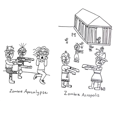 In this comparison cartoon, we see the Zombie Apocalypse (zombies chasing after a human, presumably for the brains) next to the Zombie Acropolis (zombies in ancient Greek garb at the Athens market)